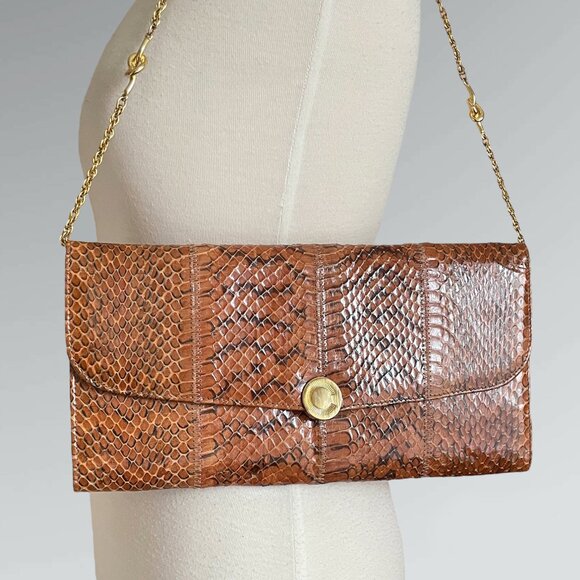 Vintage 70s G.Castellari Brown Snakeskin & Gold Tone Italian Shoulder Bag Clutch - Picture 4 of 8